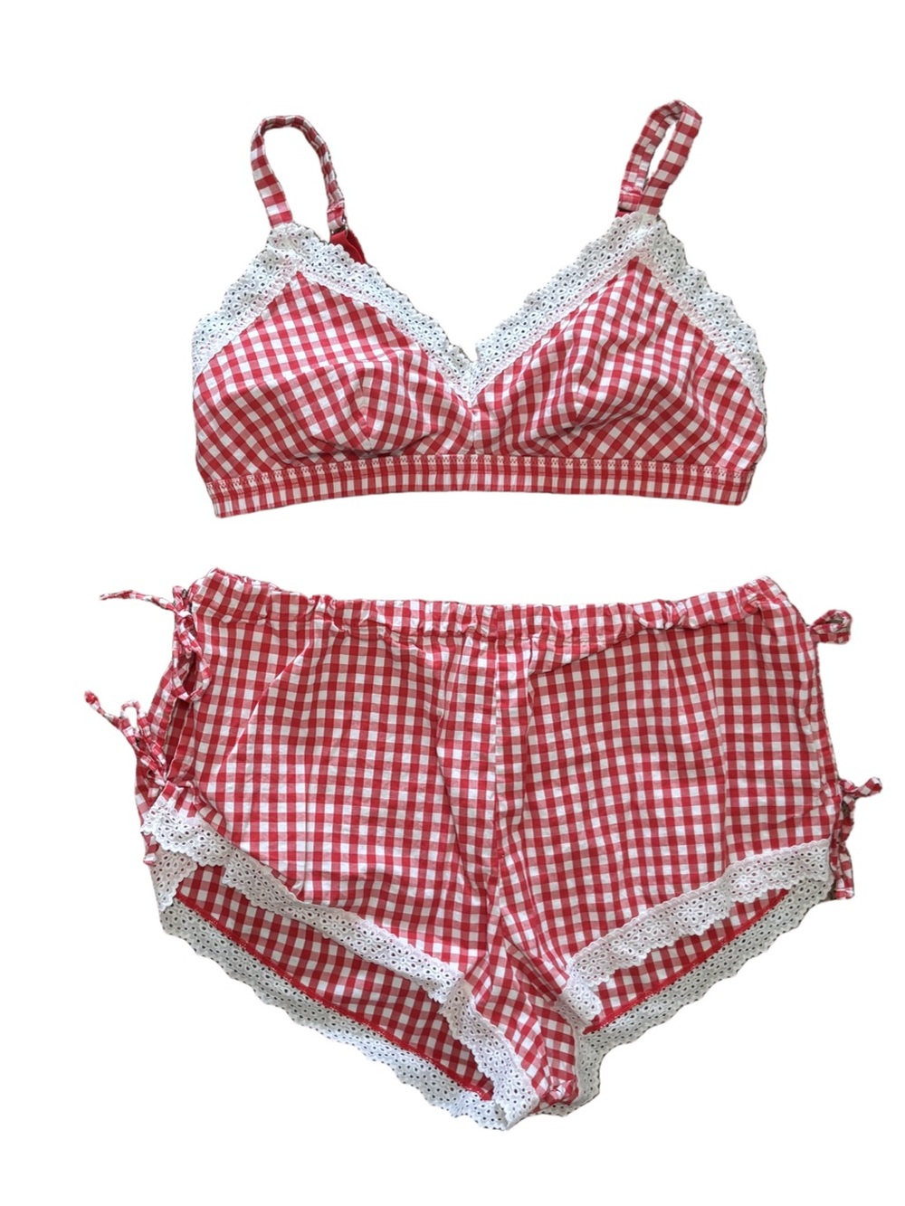 Red Gingham Lace Trim Pajama Set Women’s Cottagecore Coquette Sleepwear -XL - Picture 3 of 6